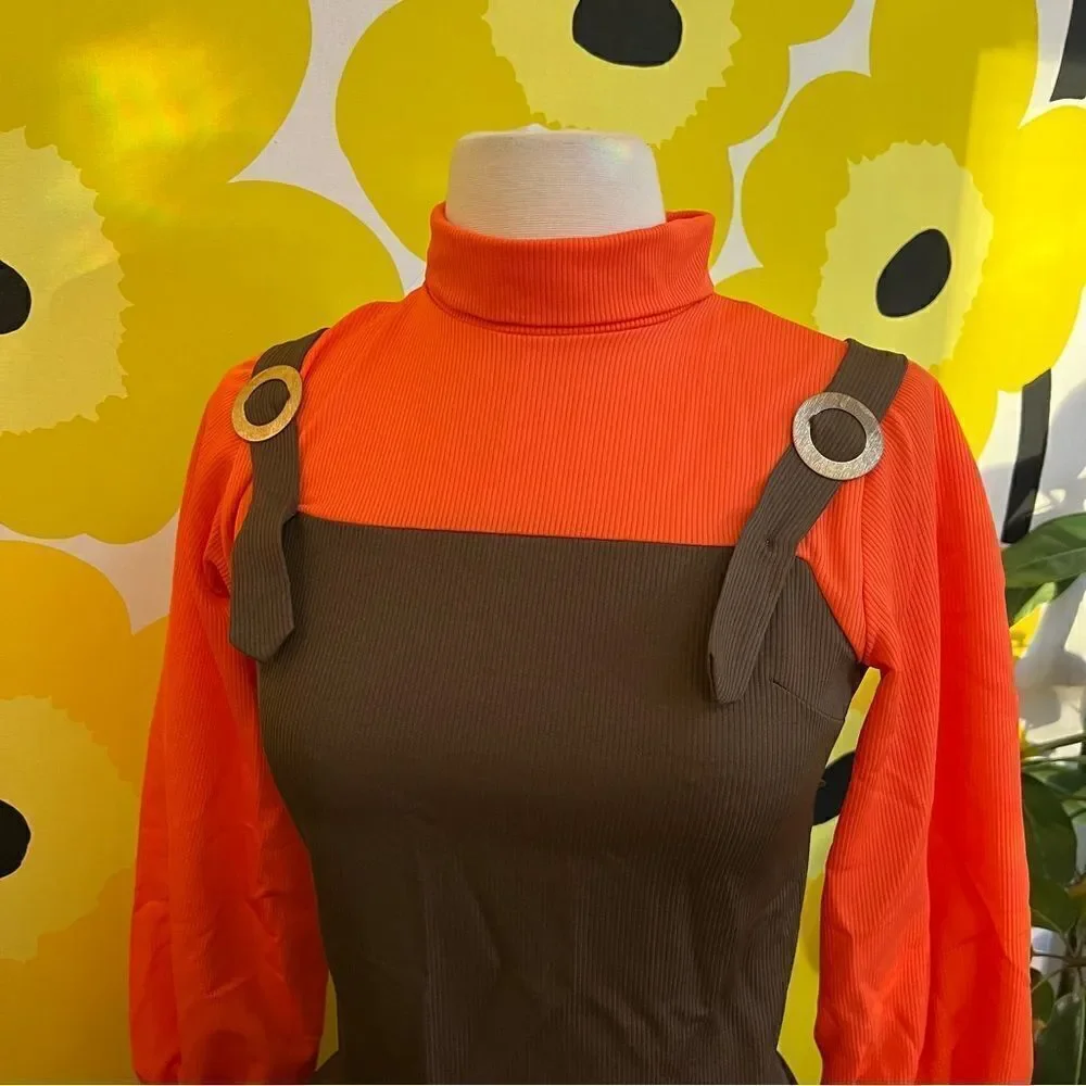 Vintage 1960s Unique Mock Neck Pinafore Twofer Pleated Balloon Gogo Dress